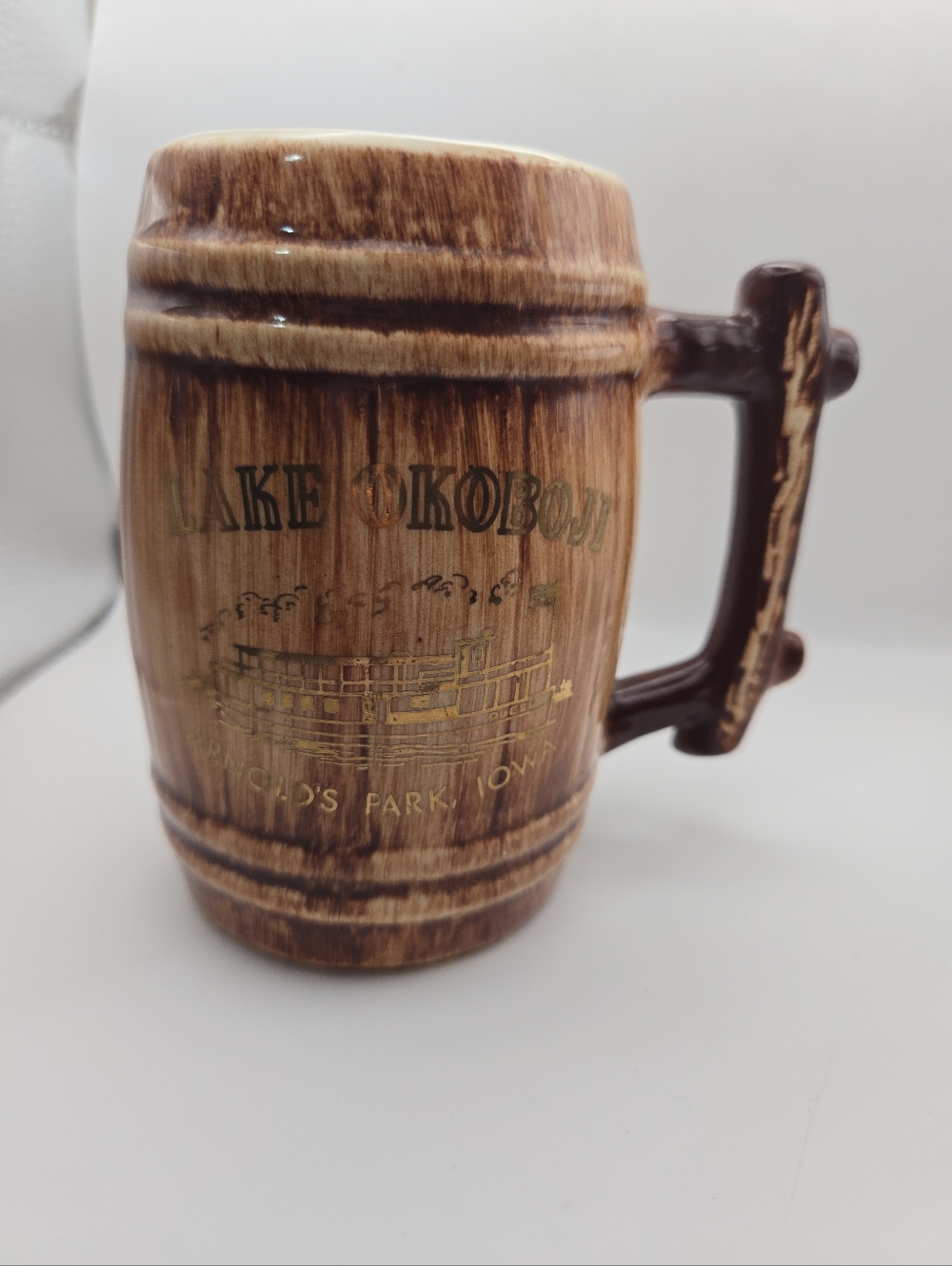 Vintage Lake Okoboji Iowa Mug Woodgrain Barrel Cabin Lodge Style